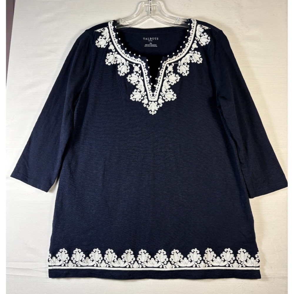 Talbots women Blouse Blue Pullover V neck embellished 3/4 sleeve tunic MP